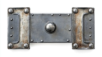 Fototapeta premium Rusted metal plate with rivets and handles, isolated on white background.