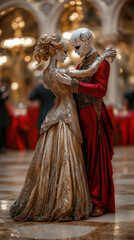 Fototapeta premium A pale couple in elaborate costumes, she in a gold gown and he in a red coat, dance intimately at a grand ballroom event, their expressions serene and slightly melancholic.
