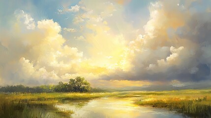 Fototapeta premium Fluffy white clouds obscure the sun in a vast blue sky, hinting at changing weather