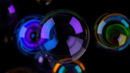 Colorful, translucent soap bubbles in mid-air, vibrant hues reflecting light