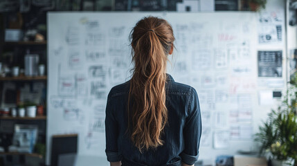 A businesswoman with a creative mindset, looking at a chalkboard filled with business icons and innovation signs