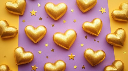 Fototapeta premium Golden Hearts Scattered on Purple and Yellow Background