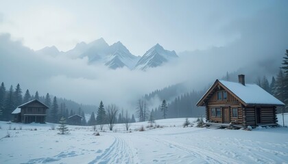  Ethereal Snowy Peaks A Looping Timelapse with Rustic Cabins