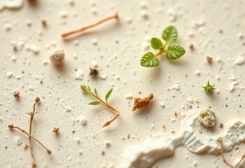 Tiny Plants and Dried Flowers on a Textured Beige Surface Botanical Still Life Macro Photography