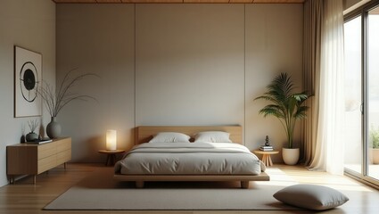 The Zen bedroom features a low wooden bed with crisp white bedding and a blue throw, neutral beige tones, abstract artwork above, soft lighting, potted greenery, woven baskets, and minimalist decor.