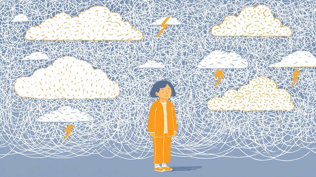 A distressed toddler stands under chaotic storm clouds, representing emotional overwhelm, confusion, and early childhood stress in parenting and development themes.