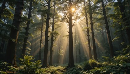 Obraz premium Sunlight Filtering Through Tall Trees in Lush Green Forest
