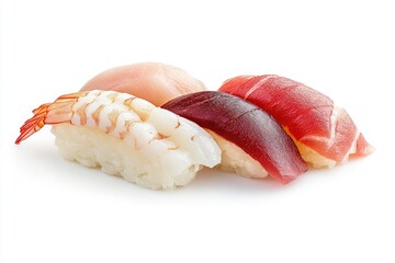 Assorted Sushi Nigiri Pieces with Tuna, Shrimp, and Hamachi on White