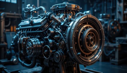 Fototapeta premium Industrial Engine Close-Up with Intricate Details and Mechanical Parts