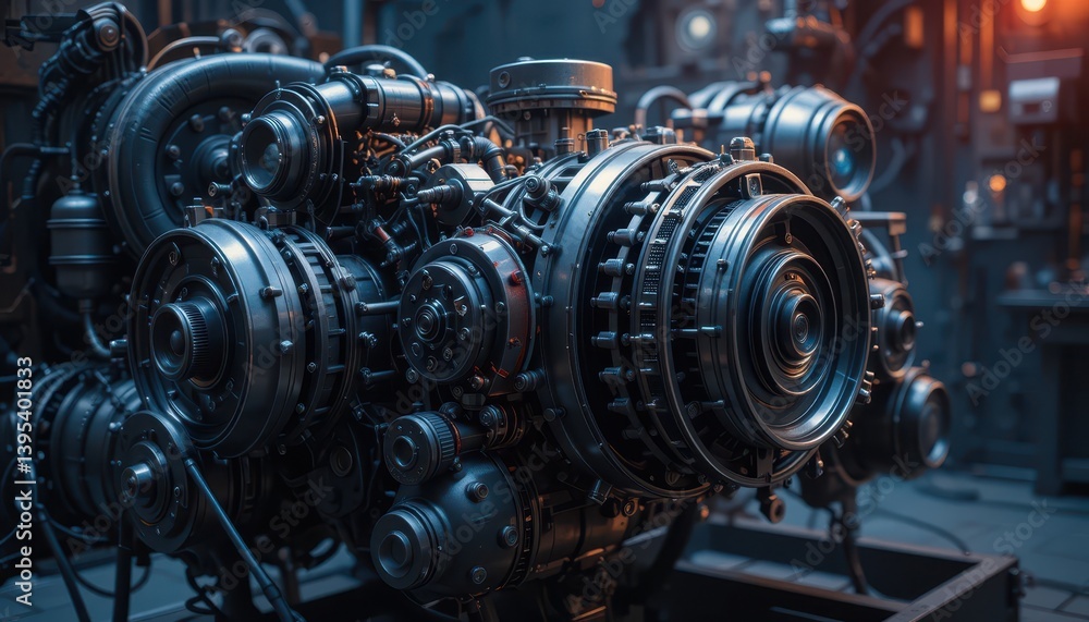 Poster intricate mechanical engine components in industrial setting
