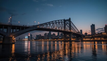 Fototapeta premium Sleek Steel Bridge Reflecting City Lights on a Calm Urban River