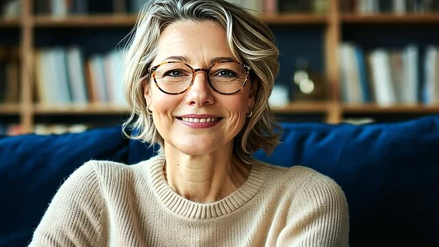 Close-up portrait of a smiling middle-aged woman wearing a light sweater, sitting comfortably on a deep blue velvet couch, surrounded by bookshelves and minimalistic decor in a tas