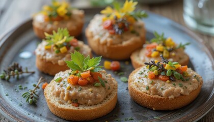  Mini Chicken Liver Pate Delights Colorful Herb Toppings, Playful Rustic Setting, Delicious Bites
