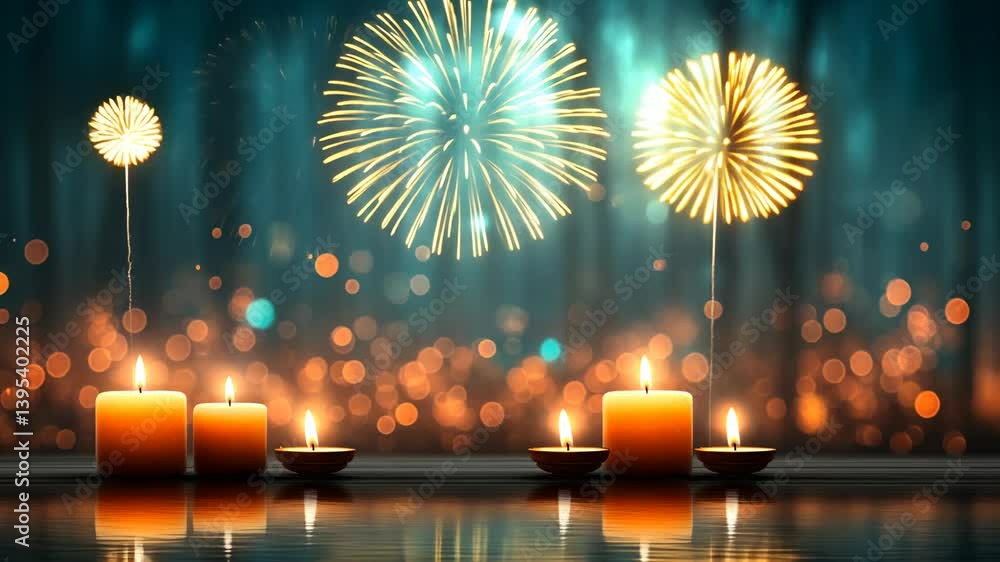 Poster illuminated candles glow softly beneath shimmering fireworks on reflective surface, adding a festive
