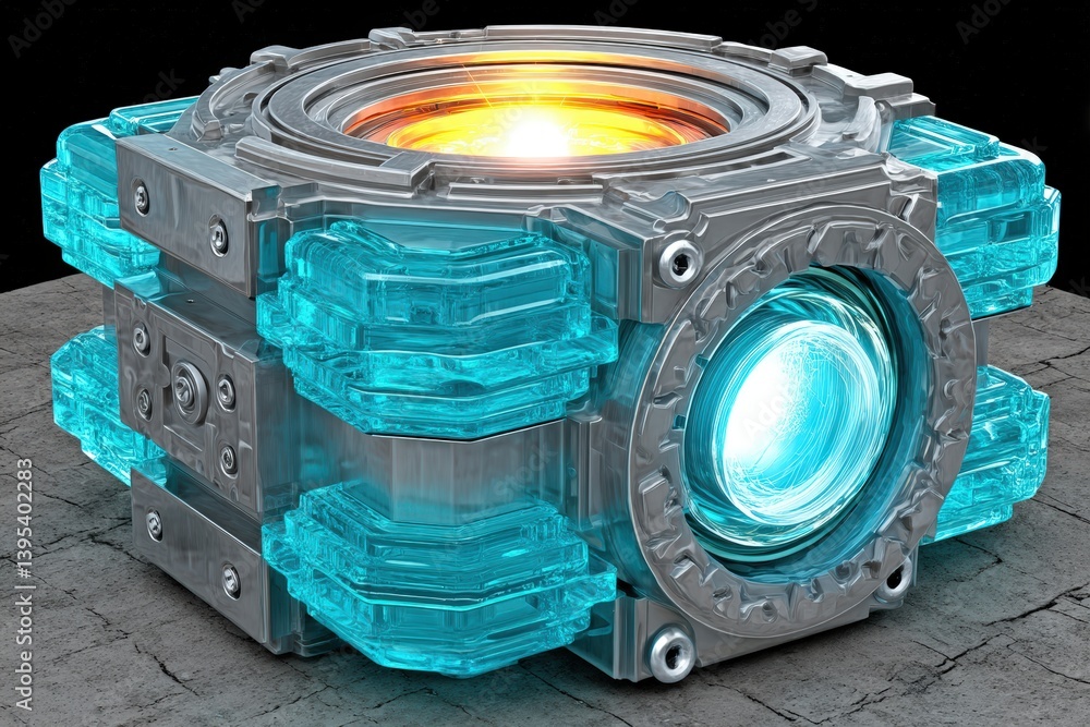 Poster futuristic cube with glowing elements and intricate design.