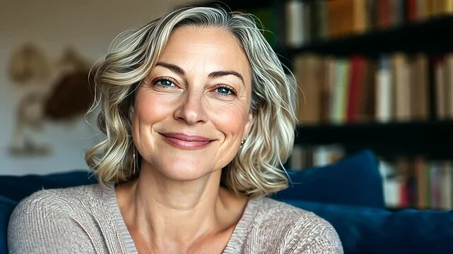 Close-up portrait of a smiling middle-aged woman wearing a light sweater, sitting comfortably on a deep blue velvet couch, surrounded by bookshelves and minimalistic decor in a tas