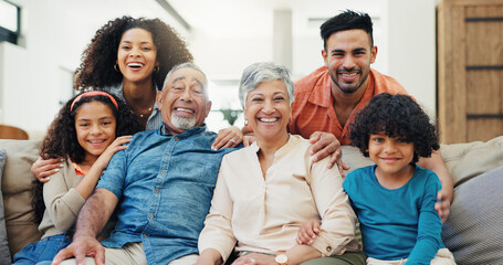 Smile, relax and portrait of big family on sofa in home for bonding, connection or happiness. Love,...