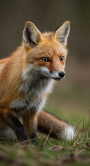 Fototapeta premium Red Fox Close-Up Wildlife Portrait with Detailed Fur and Focused Gaze in Natural Outdoor Environment Highlighting Earth Day Nature Awareness and Conservation