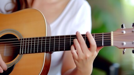 Obraz premium A Close-Up of Hands Playing Acoustic Guitar in Natural Light