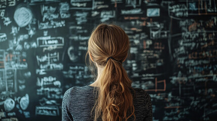 A close view of a woman's hand sketching business concepts and ideas on a whiteboard during a brainstorming session