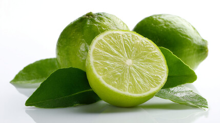 Juicy lime halves and whole limes with green leaves on white background, showcasing freshness and zest, ideal for food or drink advertising