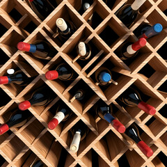 Wooden Wine Rack Filled Red Blue Wine Bottles Diamond Pattern