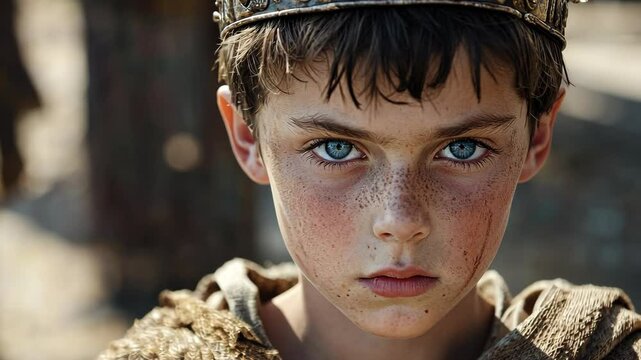 Focused portrait of a young boy with freckles, wearing an antique metal crown, and a determined gaze, embodying royalty.
