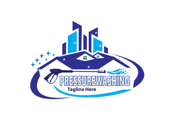 Naklejka premium Pressure Washing Gun logo, Pressure Washing logo, Blue washing gun, House icons