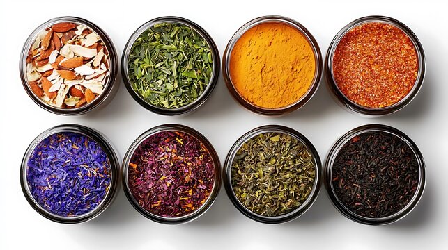 Colorful Assortment of Natural Spices in Round Metal Containers