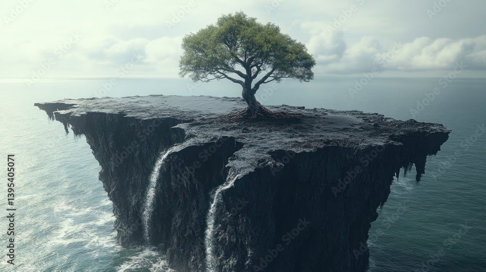 Aufkleber solitary tree on a small island with waterfalls in the ocean.
