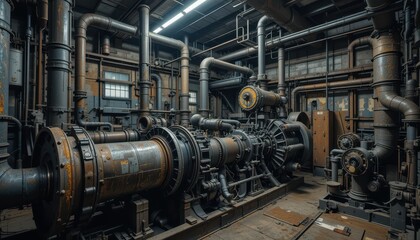 Industrial Machinery in Abandoned Factory with Rusty Pipes and Equipment