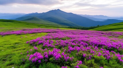 Vibrant purple flowers blooming in a lush green meadow, rolling hills and distant mountains in the background, and serene nature landscape.