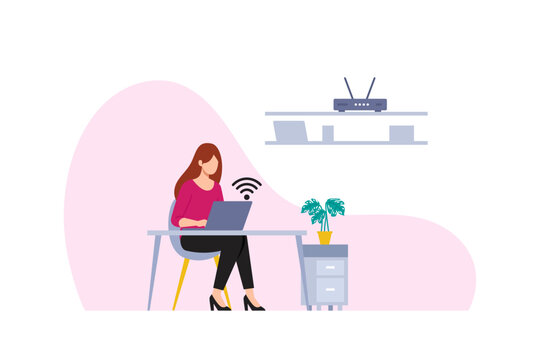 remote work woman wifi home office flat illustration