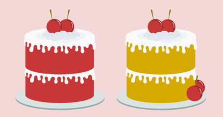 Strawberry and vanilla cake with icing decorations and cherries	