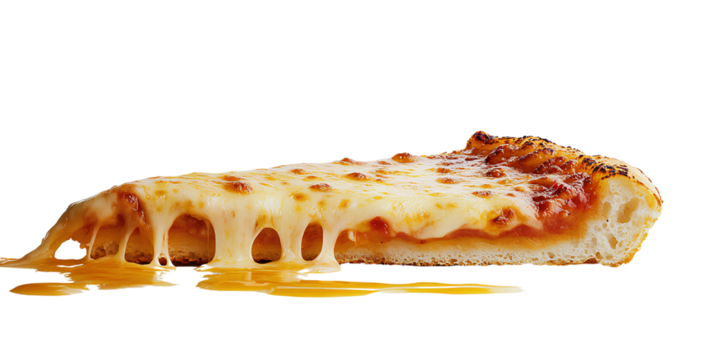 A highly detailed and realistic slice of pizza with cheese dripping down the side, isolated on a transparent background