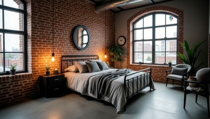 Fototapeta premium An industrial bedroom with exposed brick walls and concrete accents exudes urban charm. Pendant lights hang artfully above, a sleek bed rests calmly, and potted greenery softens the edgy aesthetic