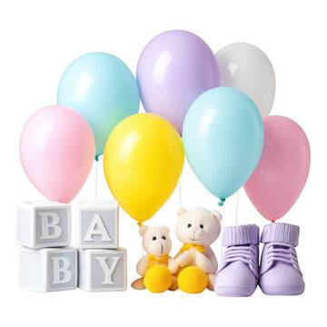 Baby Shower Celebration Decor with Pastel Balloons Booties and Stuffed Animals on Transparent Background