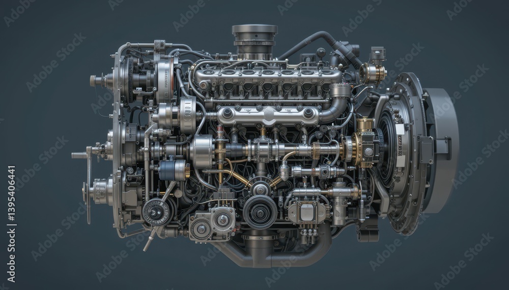 Poster detailed close-up of a complex mechanical engine component