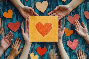 A flat lay of a card for a community service event with hands and heart illustrations