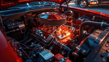 Fototapeta premium Glossy Engine Bay of a Classic American Muscle Car with Chrome Parts