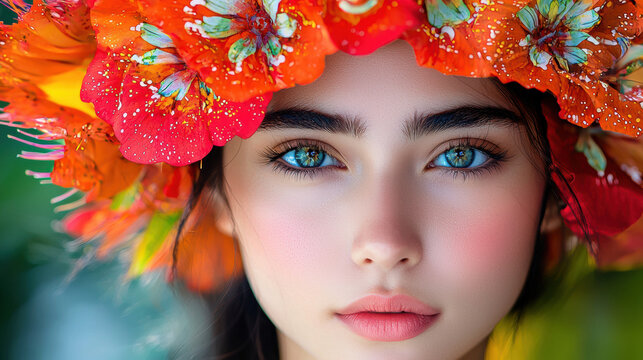 A young woman with bright blue eyes wears a vibrant orange flower crown her beauty enhanced by soft natural light creating a captivating and ethereal portrait.