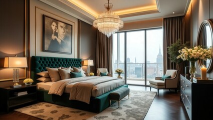 Fototapeta premium A luxurious bedroom with an emerald tufted bed, oversized chandelier, large windows framing city views, warm colors, plush seating, elegant nightlights, and floral accents exudes a timeless feel.