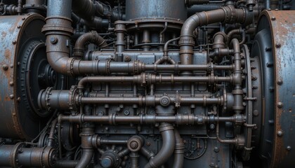Fototapeta premium Detailed Close-Up of Rusty Industrial Pipes and Engine Components