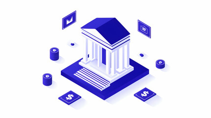 Modern Financial Institution with Digital Assets and Currency Symbols