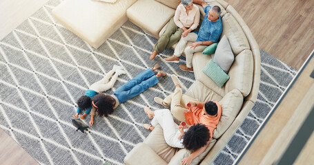 Relax, streaming and visit with family on sofa in living room of home together from above. Bonding,...
