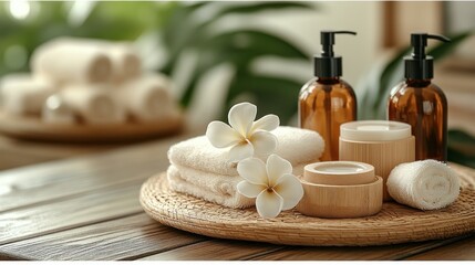 Spa setting with towels, candles, and aromatherapy bottles on wooden tray.