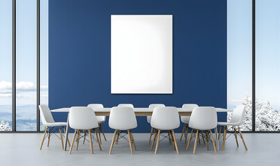 Modern Conference Room with White Chairs and Empty Canvas Wall