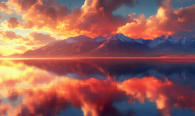 Sunrise over calm lake mountains sky clouds reflection