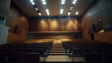 Empty Auditorium with Wooden Walls and Rows of Seats