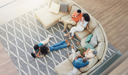 Bonding, relax and streaming with family on sofa in living room of home together from above. Coffee, conversation or visit with children, parents and grandparents in apartment for break or holiday